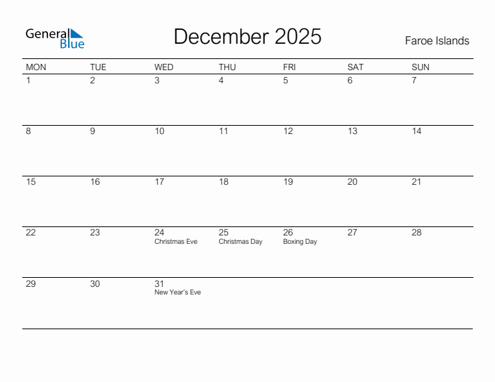Printable December 2025 Calendar for Faroe Islands