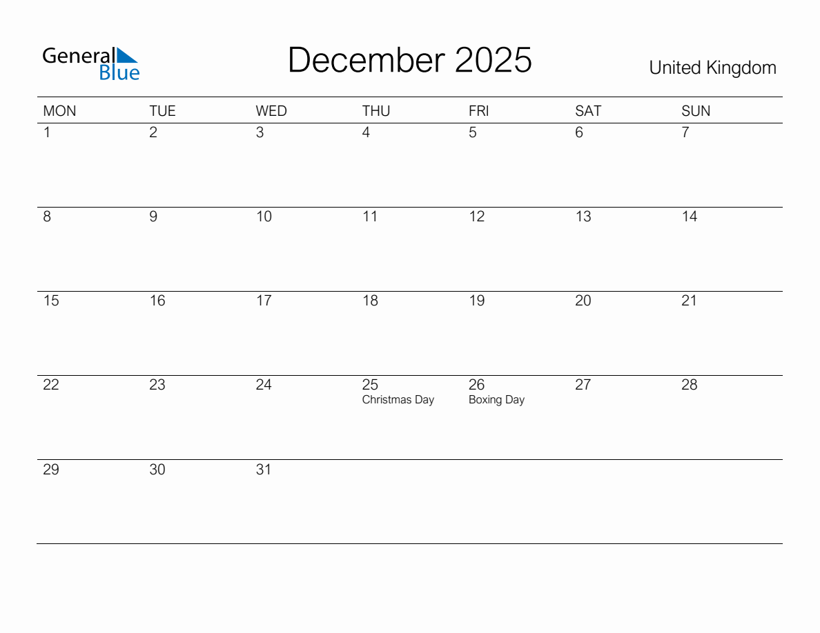 Printable December 2025 Monthly Calendar with Holidays for United Kingdom