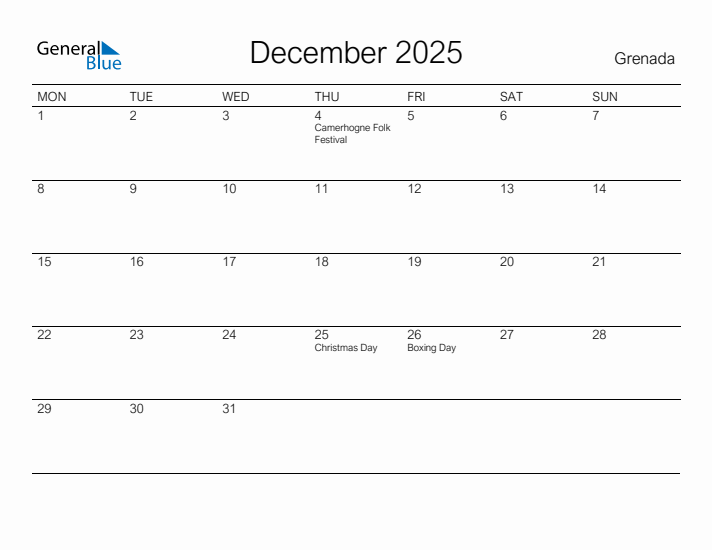 Printable December 2025 Calendar for Grenada