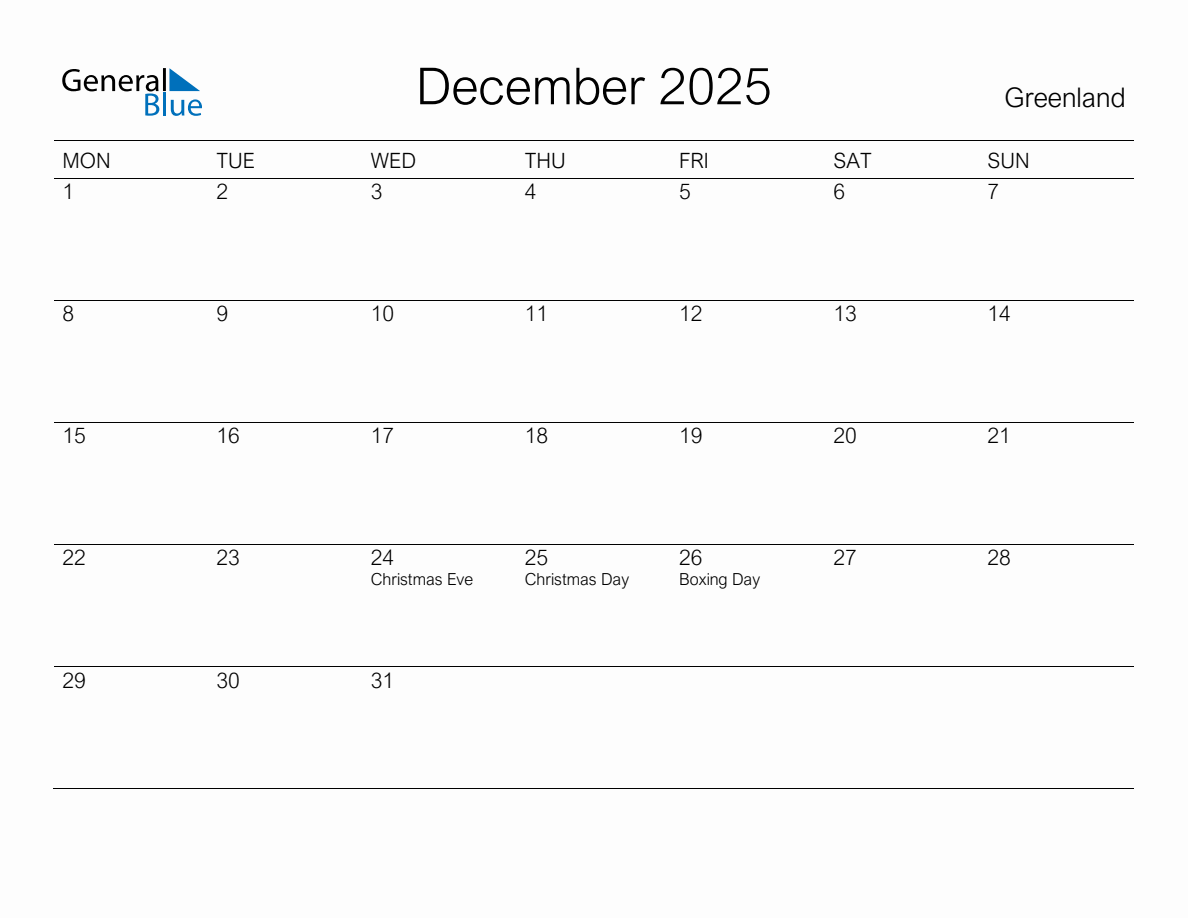 Printable December 2025 Monthly Calendar with Holidays for Greenland