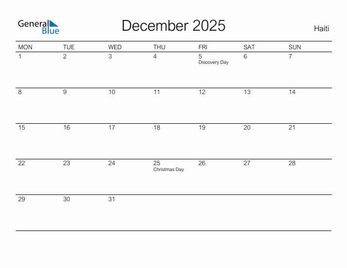 Printable December 2025 Calendar for Haiti