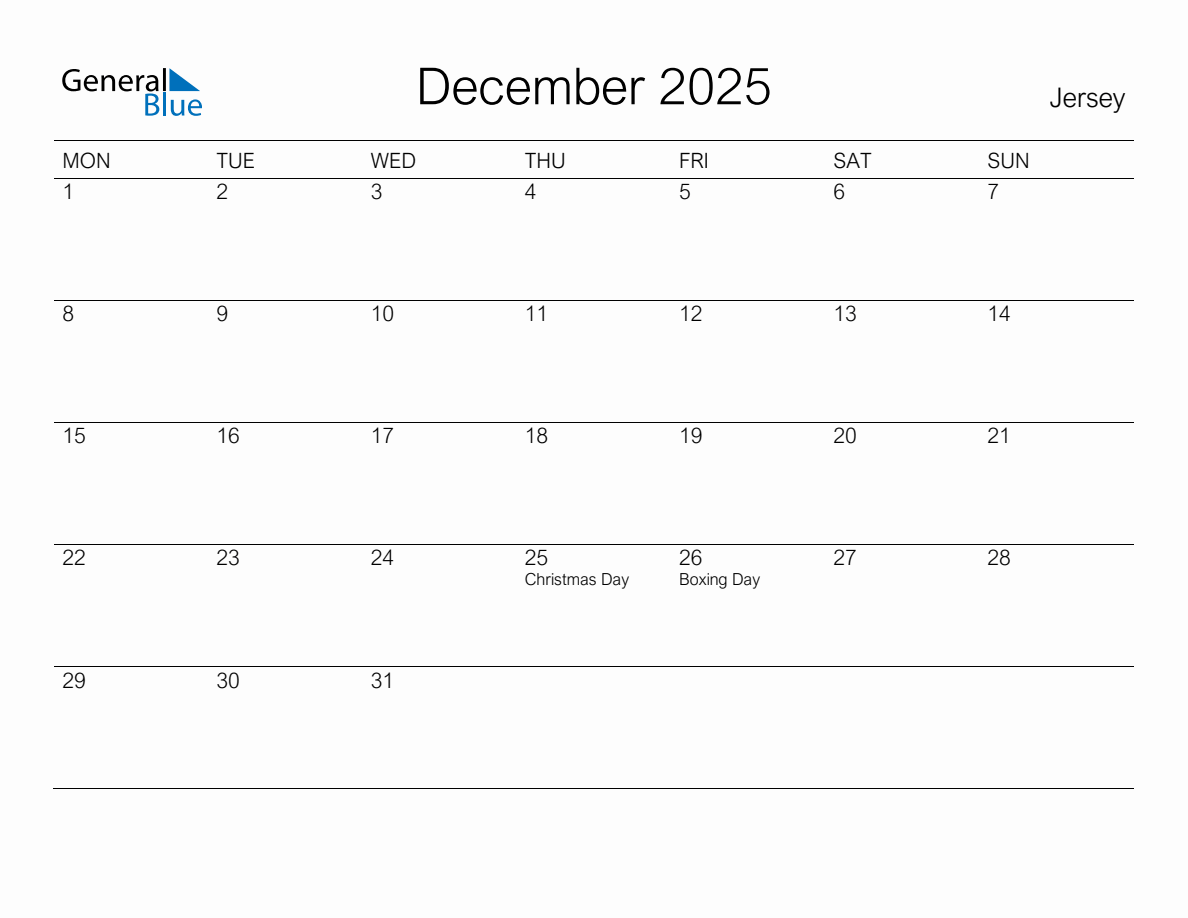 Printable December 2025 Monthly Calendar with Holidays for Jersey