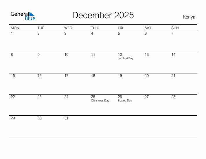 Printable December 2025 Calendar for Kenya