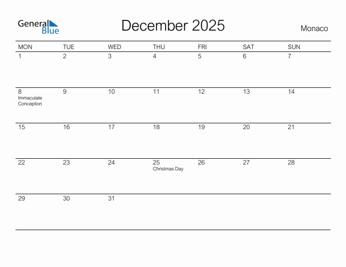 Printable December 2025 Calendar for Monaco
