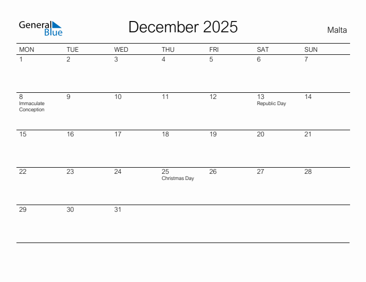 Printable December 2025 Calendar for Malta