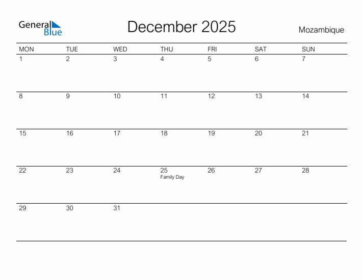 Printable December 2025 Calendar for Mozambique