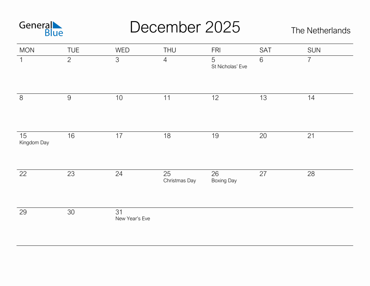 Printable December 2025 Monthly Calendar with Holidays for Netherlands