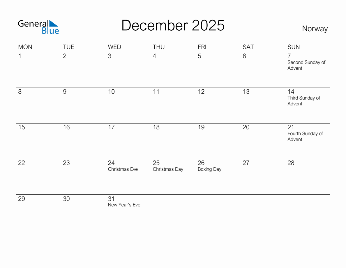 Printable December 2025 Monthly Calendar with Holidays for Norway