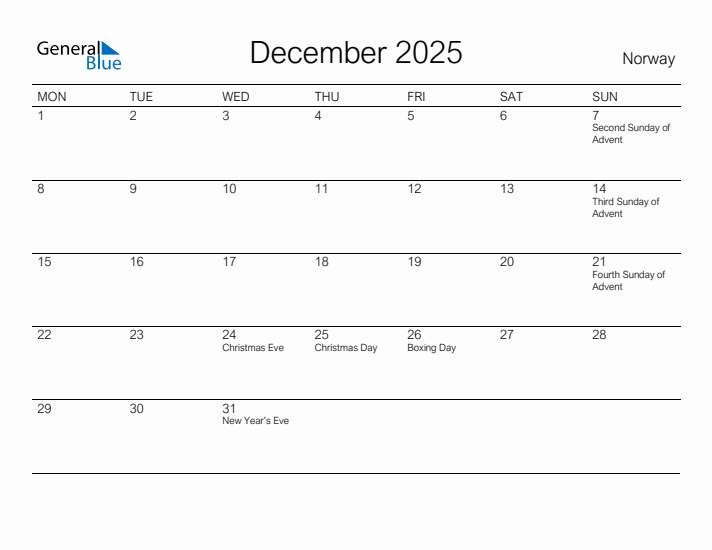 Printable December 2025 Calendar for Norway