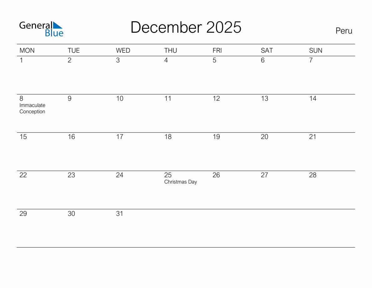 Printable December 2025 Monthly Calendar with Holidays for Peru