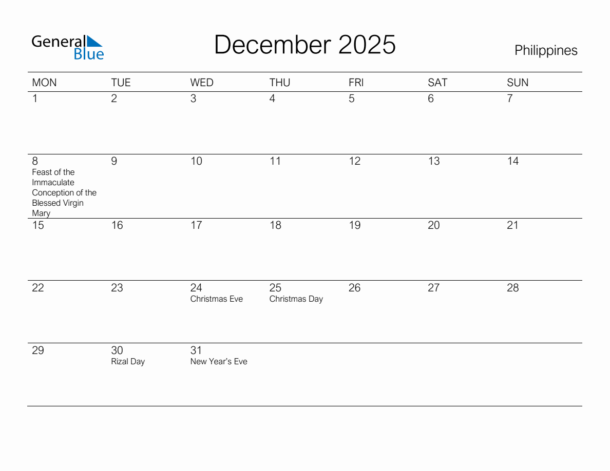 Printable December 2025 Monthly Calendar with Holidays for Philippines