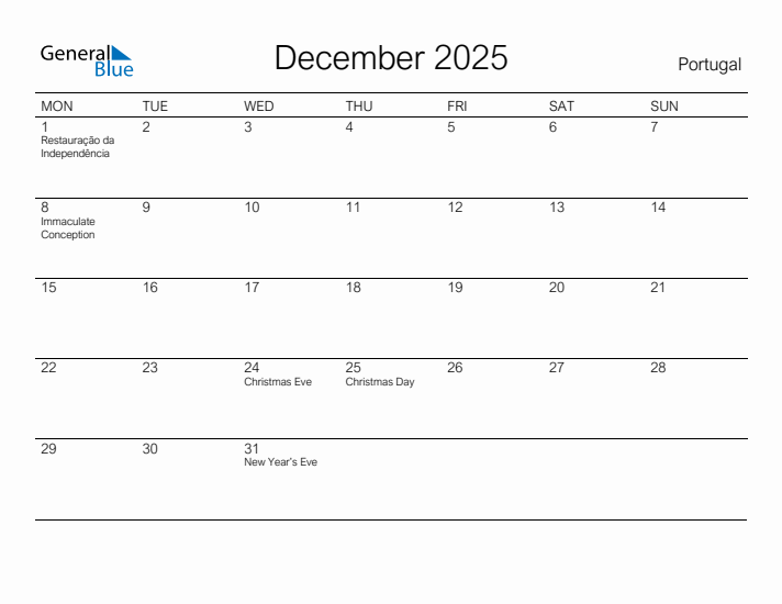 Printable December 2025 Calendar for Portugal