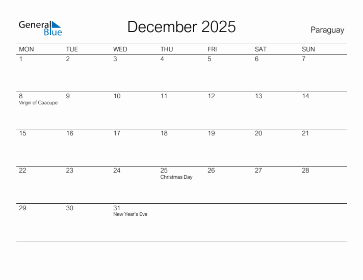 Printable December 2025 Calendar for Paraguay