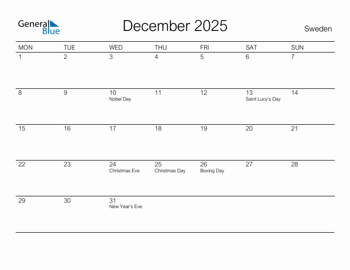 Printable December 2025 Calendar for Sweden