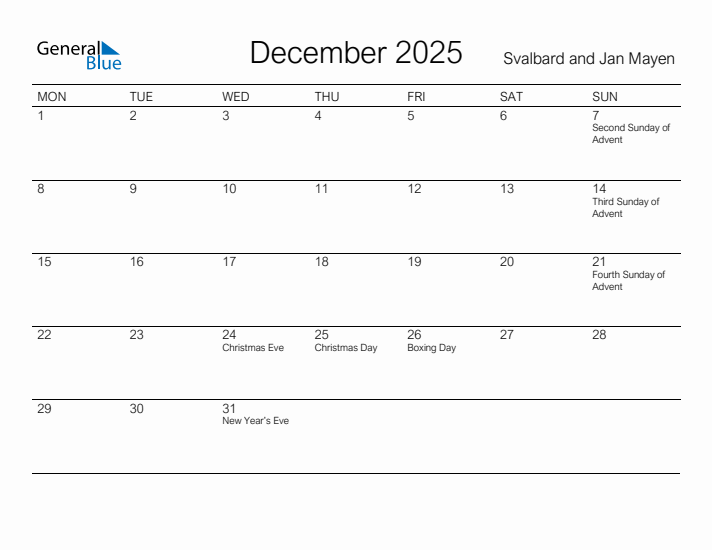 Printable December 2025 Calendar for Svalbard and Jan Mayen