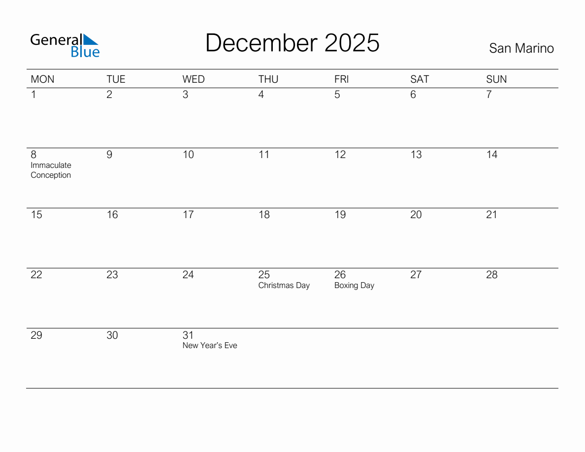 Printable December 2025 Monthly Calendar with Holidays for San Marino