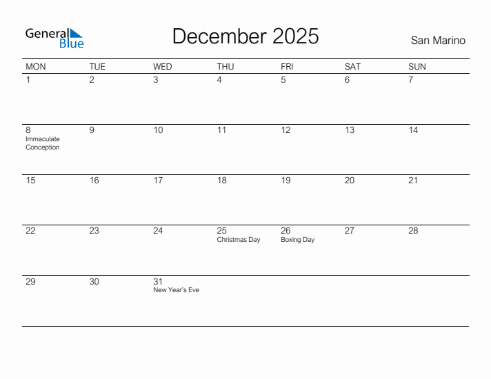 Printable December 2025 Calendar for San Marino