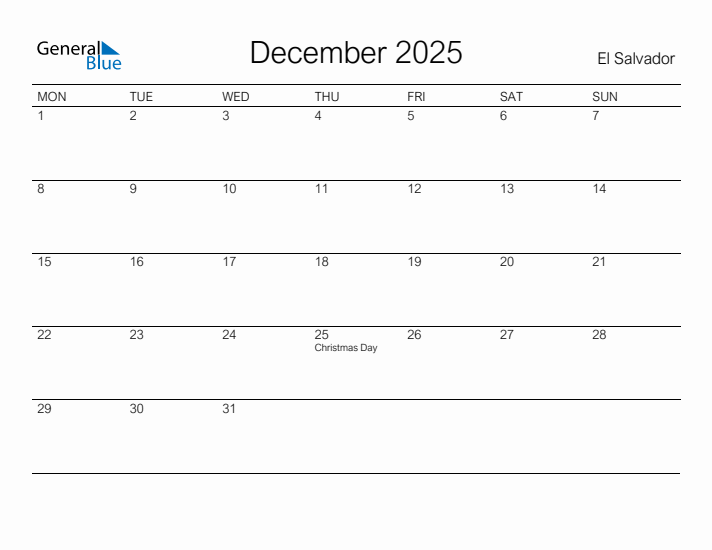Printable December 2025 Calendar for El Salvador