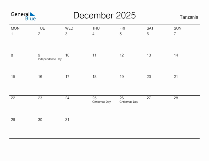 Printable December 2025 Calendar for Tanzania