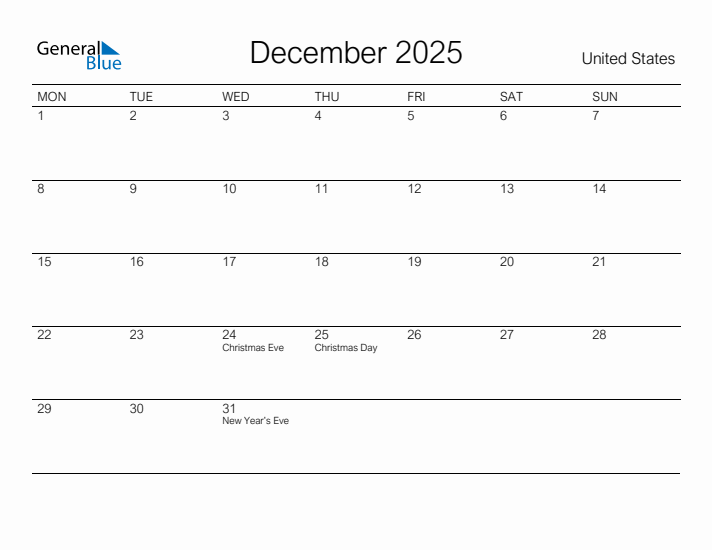 Printable December 2025 Monthly Calendar with Holidays for United States