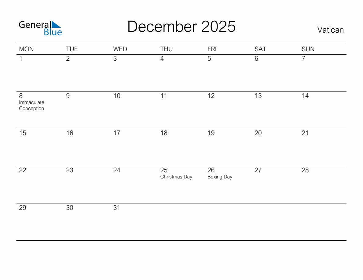 Printable December 2025 Monthly Calendar with Holidays for Vatican