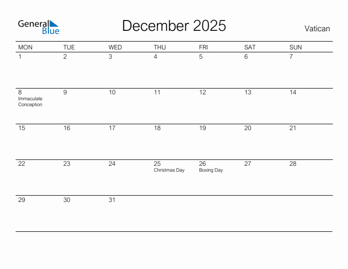 Printable December 2025 Calendar for Vatican