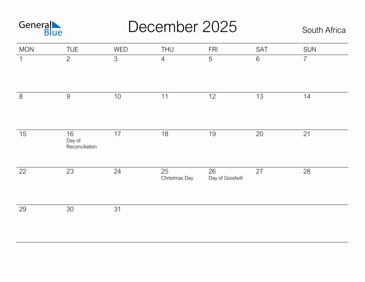 Printable December 2025 Monthly Calendar with Holidays for South Africa