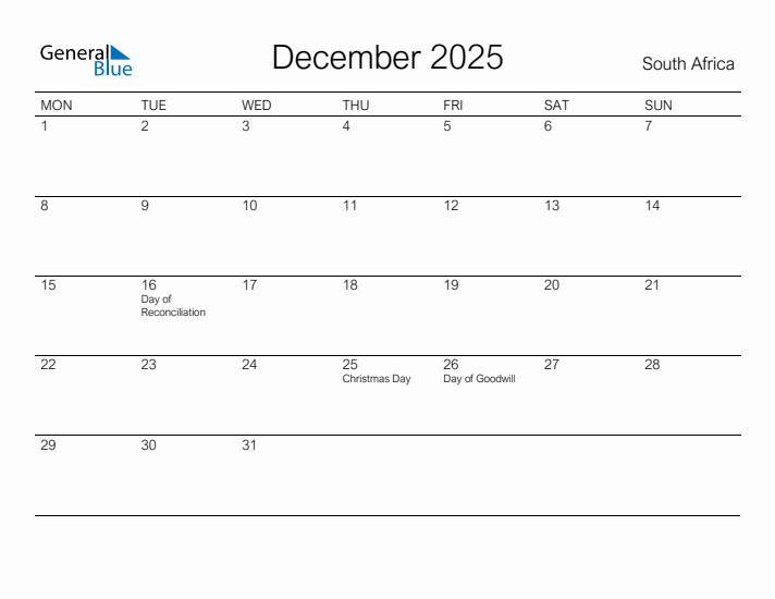 Printable December 2025 Monthly Calendar with Holidays for South Africa
