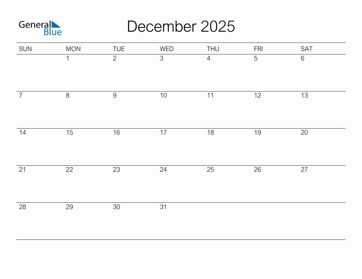 Printable December 2025 Monthly Calendar Sunday Start