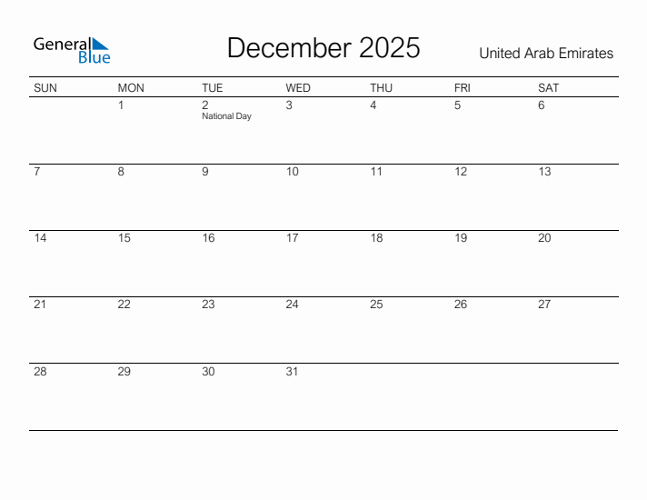 Printable December 2025 Calendar for United Arab Emirates