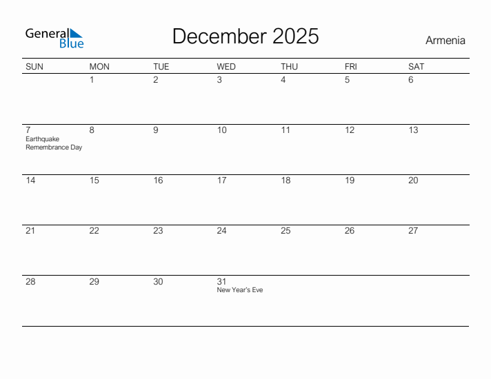 Printable December 2025 Calendar for Armenia