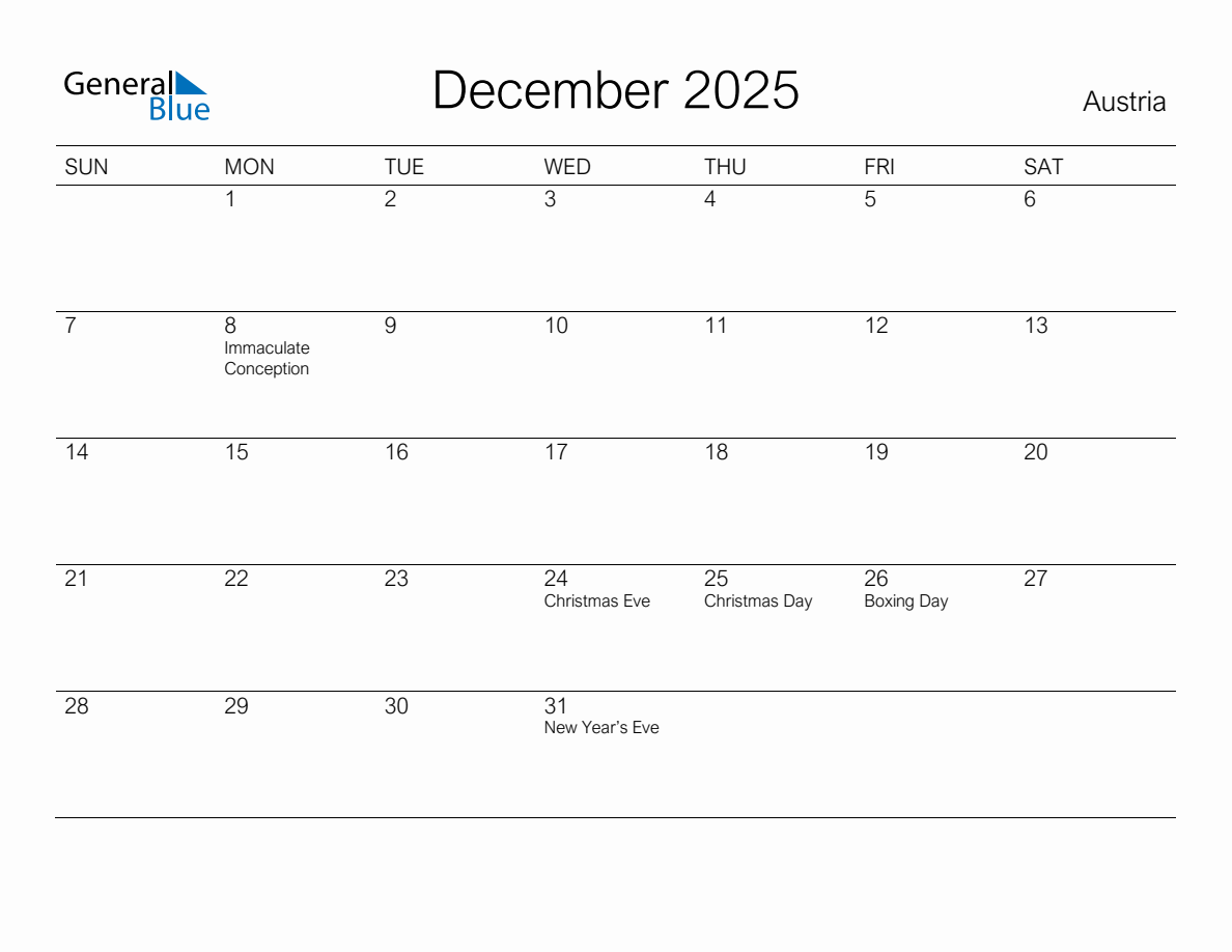 Printable December 2025 Monthly Calendar with Holidays for Austria