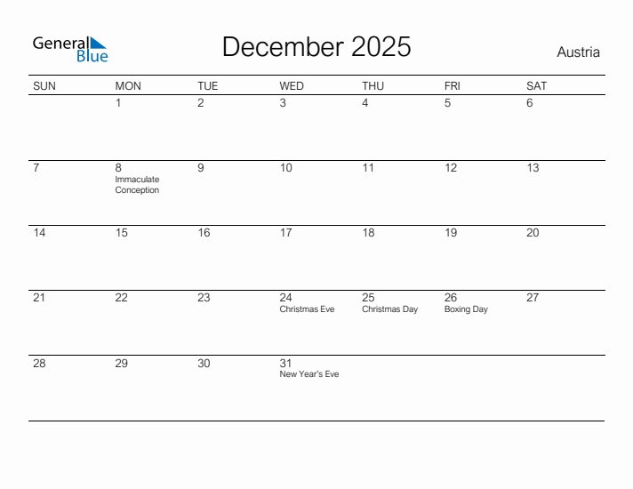 Printable December 2025 Calendar for Austria