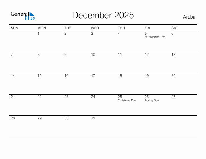 Printable December 2025 Calendar for Aruba