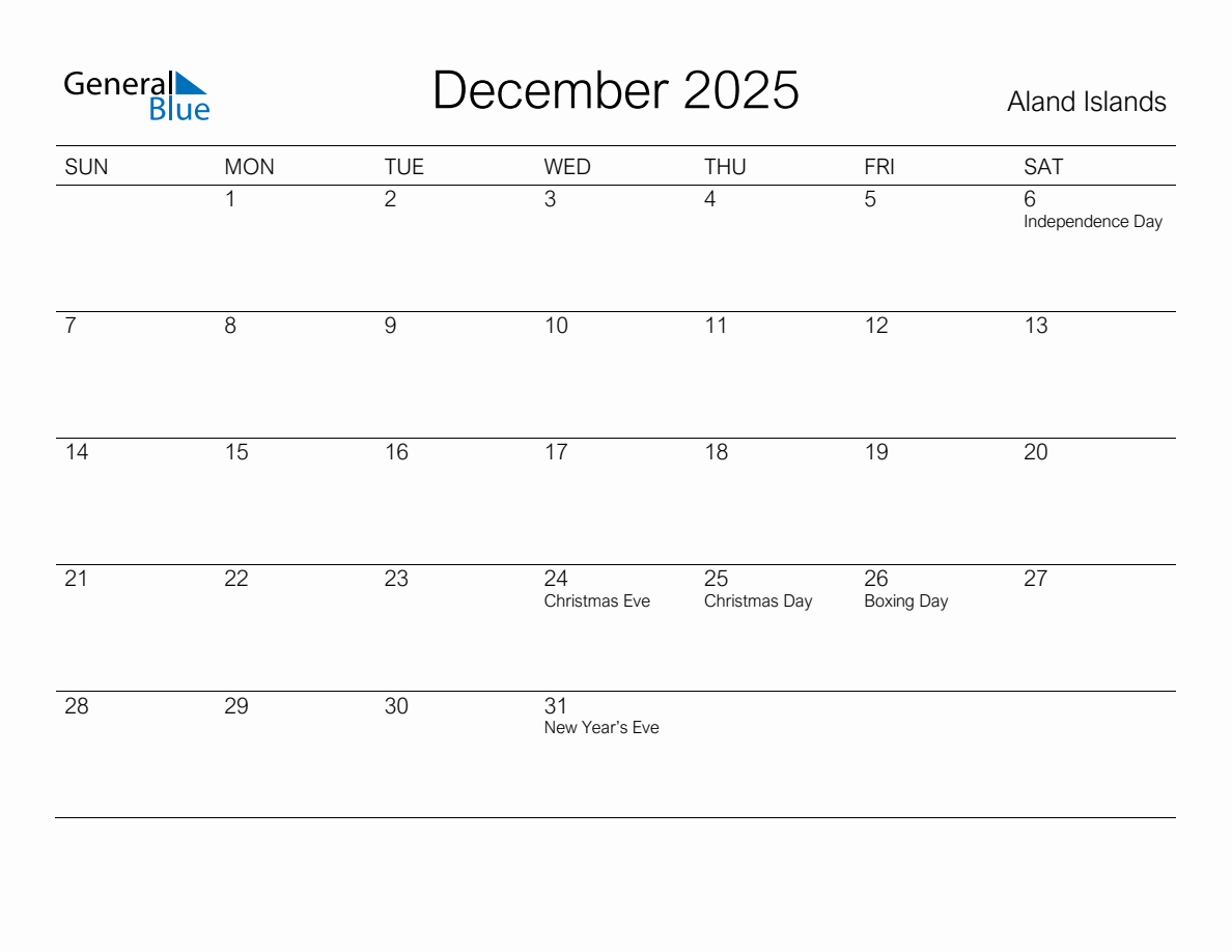 Printable December 2025 Monthly Calendar with Holidays for Aland Islands