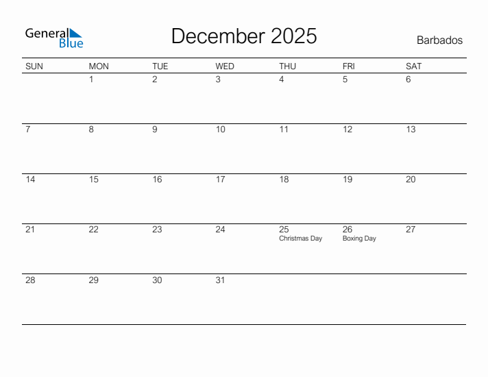 Printable December 2025 Calendar for Barbados