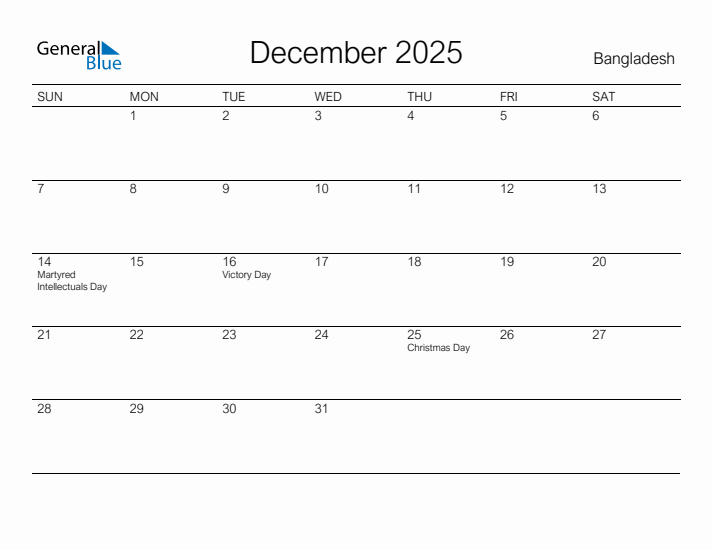 Printable December 2025 Calendar for Bangladesh