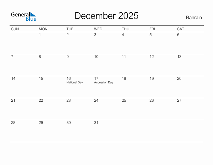 Printable December 2025 Calendar for Bahrain