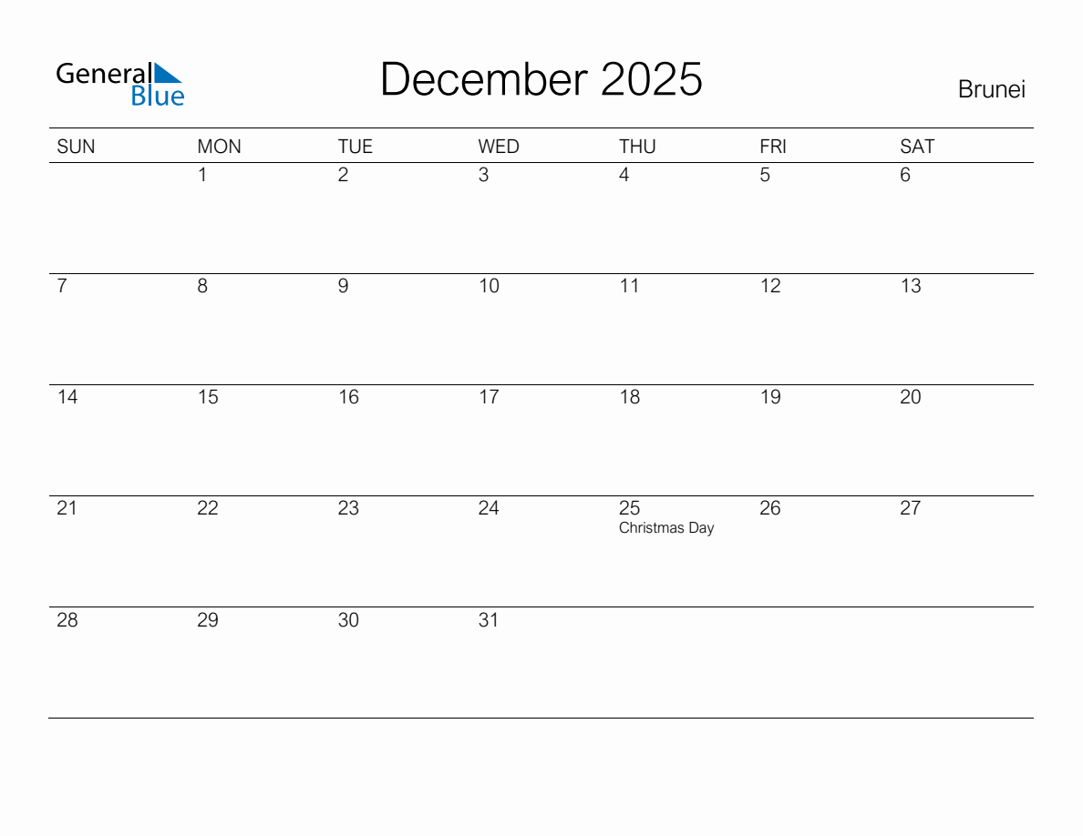 Printable December 2025 Monthly Calendar with Holidays for Brunei