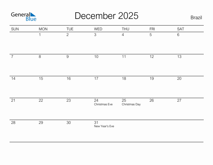 Printable December 2025 Calendar for Brazil