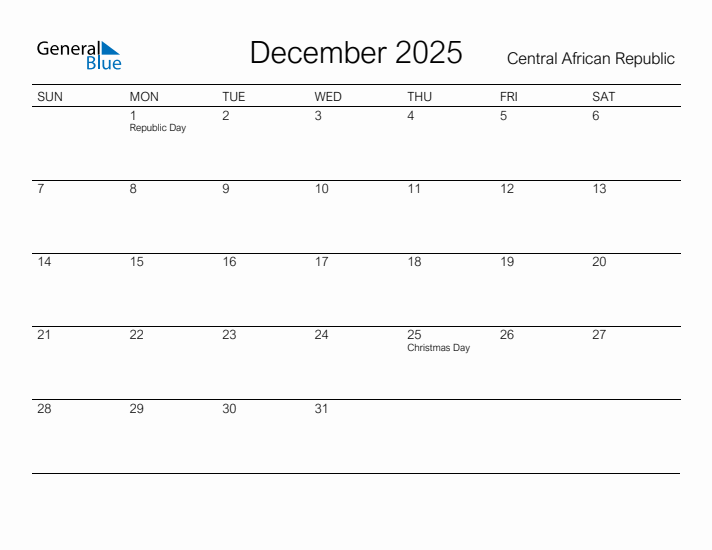 Printable December 2025 Calendar for Central African Republic
