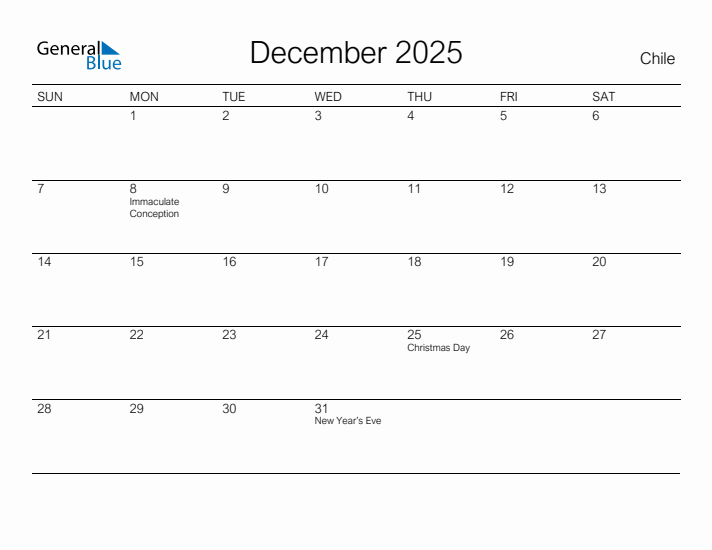 Printable December 2025 Calendar for Chile