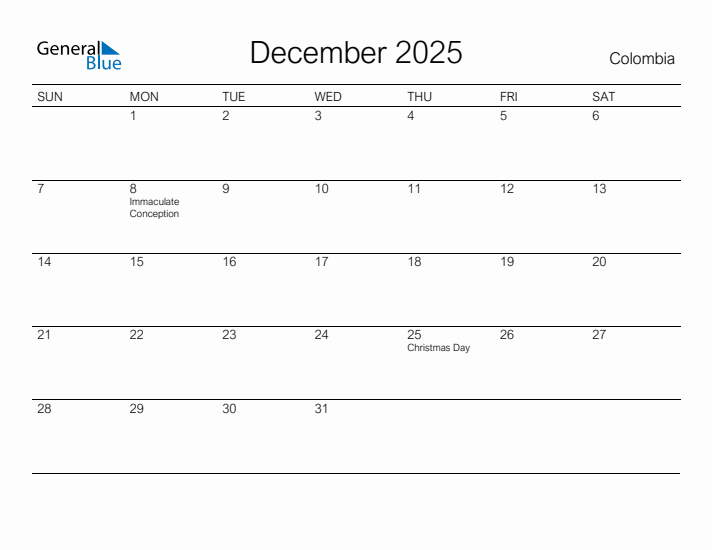 Printable December 2025 Calendar for Colombia