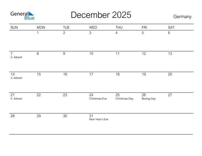 Printable December 2025 Calendar for Germany