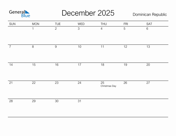 Printable December 2025 Calendar for Dominican Republic