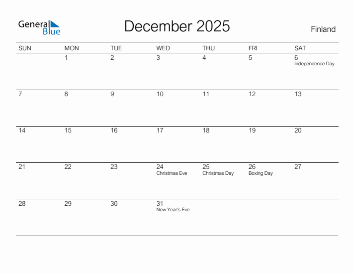 Printable December 2025 Calendar for Finland