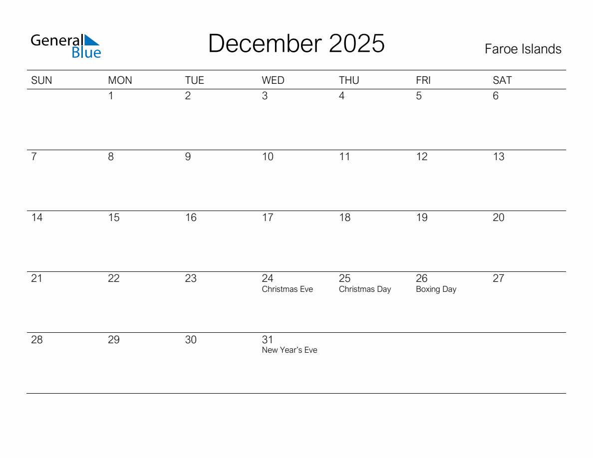 Printable December 2025 Monthly Calendar with Holidays for Faroe Islands