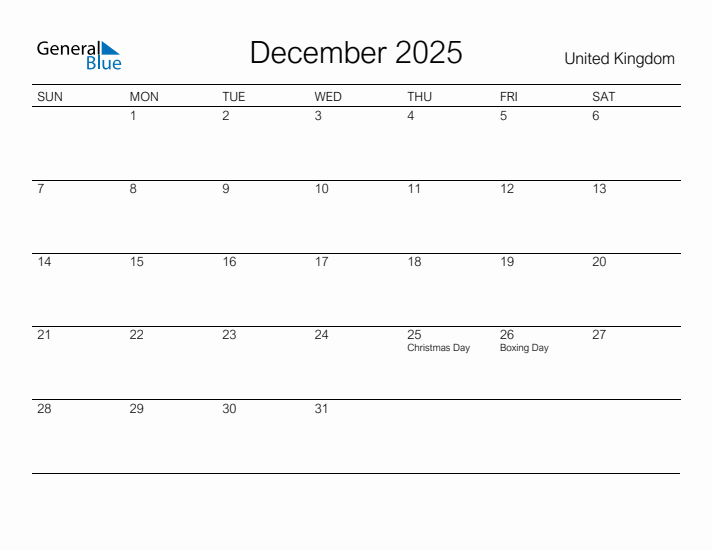 Printable December 2025 Monthly Calendar with Holidays for United Kingdom
