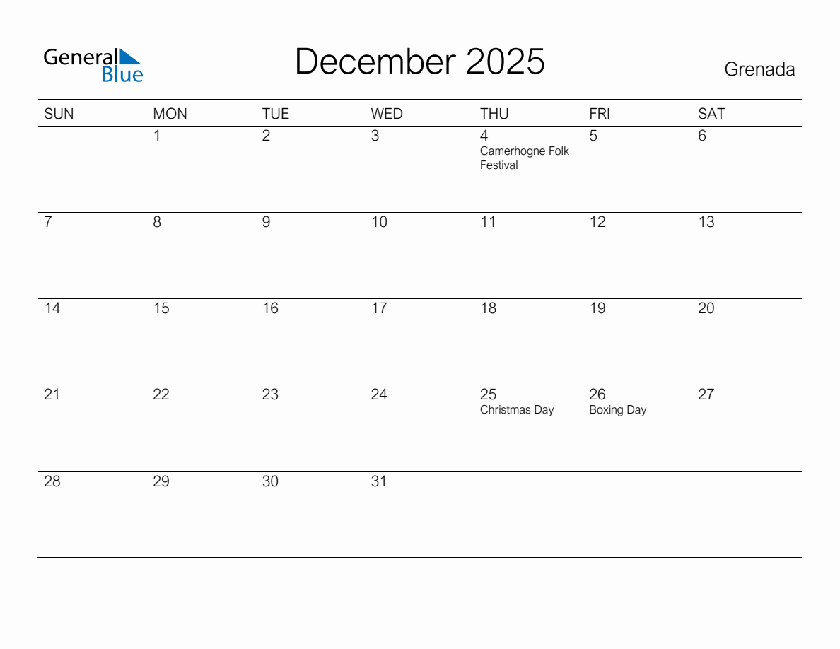 Printable December 2025 Monthly Calendar with Holidays for Grenada