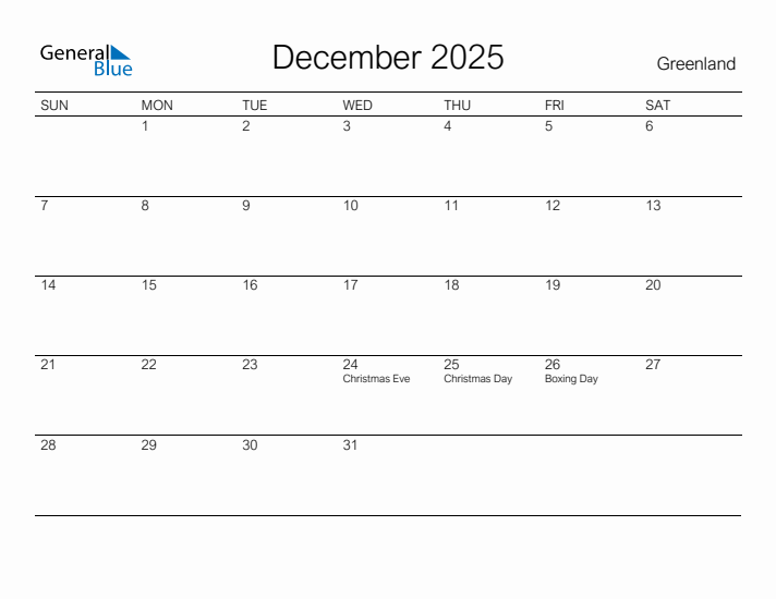 Printable December 2025 Calendar for Greenland
